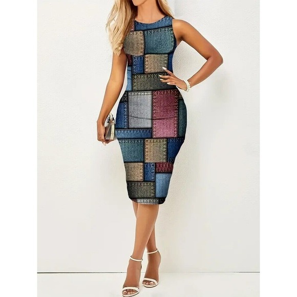 Color Block Tank Dress, Elegant Bodycon Sleeveless Crew Neck Dress, Women's Clot - Picture 1 of 3